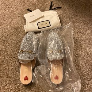 Gucci silver glitter mules